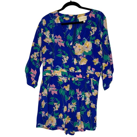 Yumi Kim Silk Floral Romper Women's Large Roll Tab Sleeves Back Zip Deep V-Neck - Picture 1 of 11